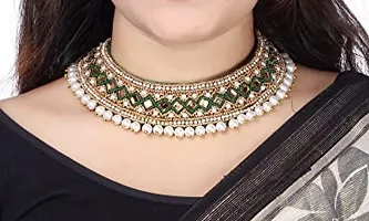 Stylish Kora Maggam Work Kapada Cloth Collar Neck Choker Necklace Crystal Stone Green Heavy Necklace Set For Women-thumb1