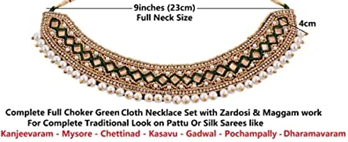 Stylish Kora Maggam Work Kapada Cloth Collar Neck Choker Necklace Crystal Stone Green Heavy Necklace Set For Women-thumb2