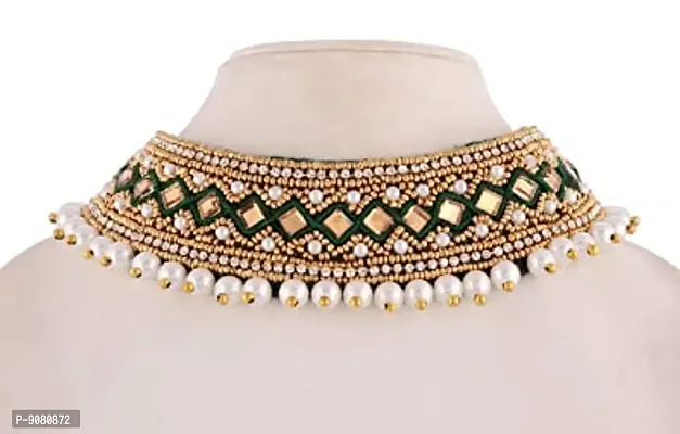Stylish Kora Maggam Work Kapada Cloth Collar Neck Choker Necklace Crystal Stone Green Heavy Necklace Set For Women-thumb4