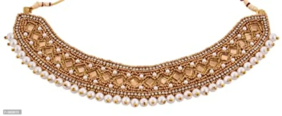 Stylish Traditional Zari Thread Aari Work Jewellery Embroidery Golden Collar Neck Choker Necklace Set For Half Saree Girls And Women