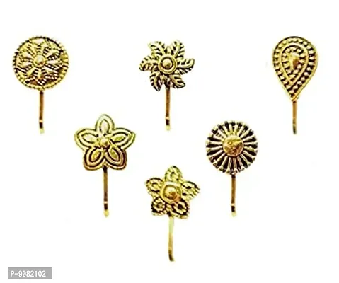 Stylish Clip On Pressing Oxidized Nose Pin And Ring Non Piercing Golden Oxidised For Women And Girls-thumb0