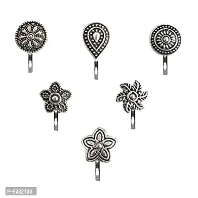 Stylish German Silver Press On Oxidized Nose Ring Pin Stud Combo Offer Oxidised Black Metal For Girls And Women-thumb0