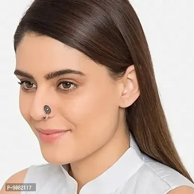 Stylish Oxidized Black Silver Metal Nose Pin Non Piercing Clip On Oxidised Nose Ring Stud For Girls And Ladies-thumb3