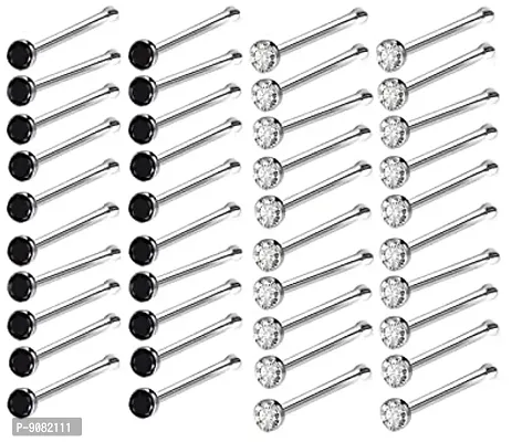 Stylish Nose Pin White And Black Stone Studded Piercing Nose Ring Set For Pierced Nose Studs For Girls And Women -Pack Of 40 Nose Pin Set , 20 White And 20 Black