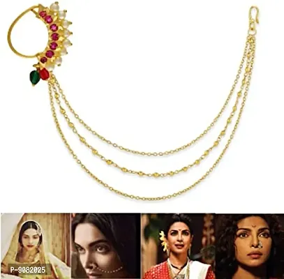 Stylish Pink Gold Plated Maharashtrian Nath Nose Ring Without Piercing With Chain For Women-thumb2