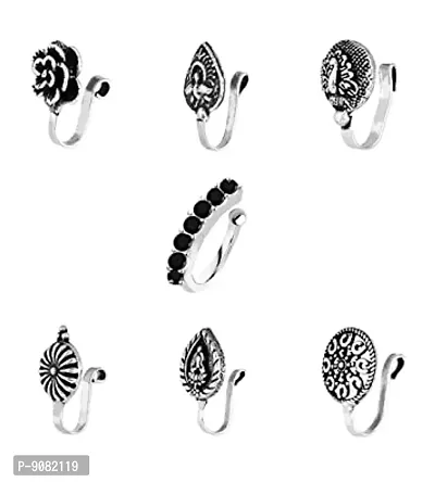 Stylish Oxidized Silver Nose Pin Stud Non Piercing Clip On Oxidised Black Metal Nose Ring For Girls And Ladies-thumb0
