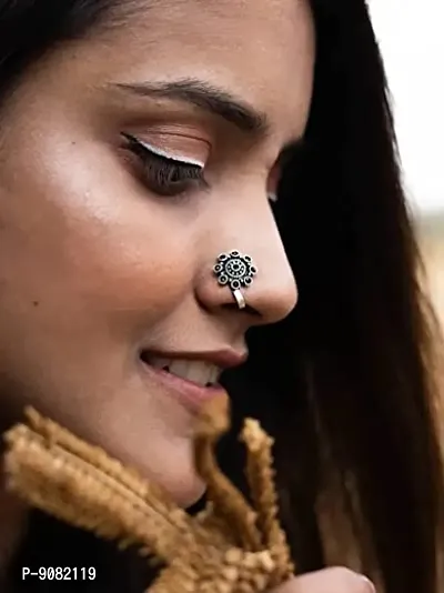 Stylish Oxidized Silver Nose Pin Stud Non Piercing Clip On Oxidised Black Metal Nose Ring For Girls And Ladies-thumb3