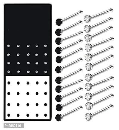 Stylish White And Black Stone Studded Piercing Nose Pin For Pierced Nose Ring Studs For Girls And Women -Pack Of 40 Nose Stud Set, 20 White And 20 Black
