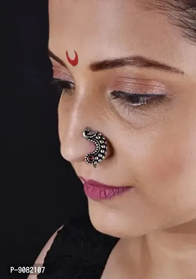Stylish Maharashtrian Nath Clip On Marathi Nose Ring Without Piercing Oxidized Nose Pin For Women And Ladies-thumb4