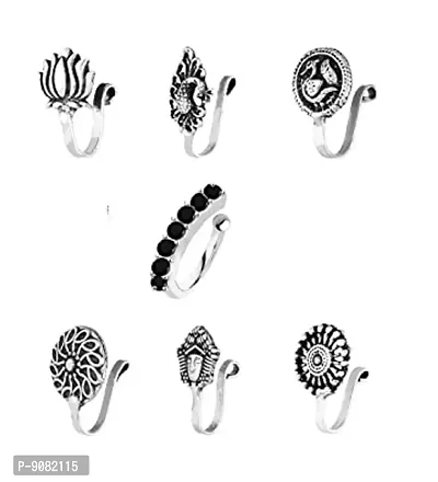 Stylish Pressing Nose Ring Clip On Nose Pins Non Piercing Black Silver Oxidised For Women-thumb0