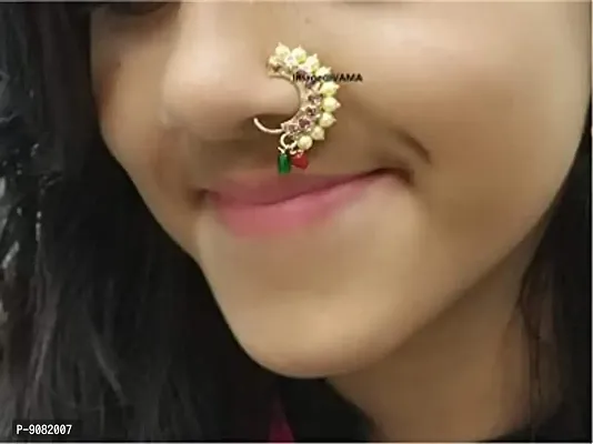 Stylish Maharashtrian Nath Multicolour Gold Plated Without Piercing Nose Ring Pin For Women Combo-2 Pcs-thumb4