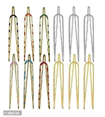 Stylish Colourful Saree Pins Set Broaches Safety Saree Pins Hijab Brooch Pin For Women Sari Sadi Pins - Pack Of 12 Pcs U Saree Pins