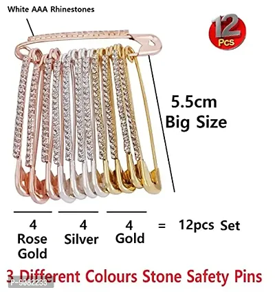 Stylish Rose Gold Silver Big Size Stone Safety Saree Pin Brooch For Draping Sari Sadi For Women Wear-thumb2
