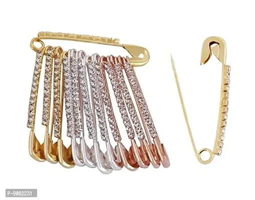 Stylish Rose Gold Silver Plated Safety Saree Pin With Stones Brooch Hijab Pins For Draping Sadi Sari For Women