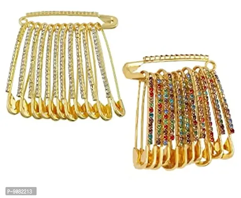 Stylish Large Crystal Stone Studded Big Size Safety Pins Combo Saree Pin Dupatta Pleating Brooch Pin For Women Traditional-thumb0