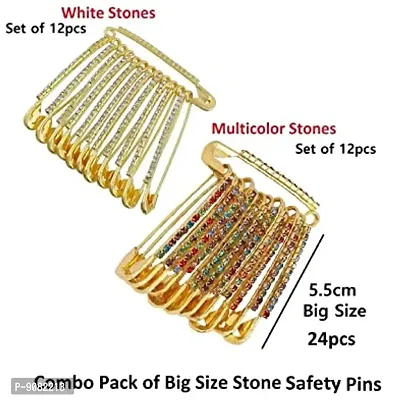 Stylish Large Crystal Stone Studded Big Size Safety Pins Combo Saree Pin Dupatta Pleating Brooch Pin For Women Traditional-thumb2