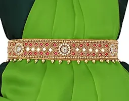 Stylish Red Kamar Chain Stretchable Cloth Kamarbandh Kamarpatta Golden Waist Belt Ootiyanam For Women Half Saree Lehanga-thumb2