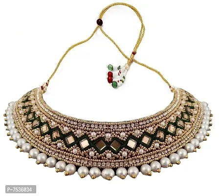 THANU'S CRAFT Kora Maggam Work Kapada Cloth Collar Neck Choker necklace Crystal Stone Green Heavy Necklace Set for Women-thumb0