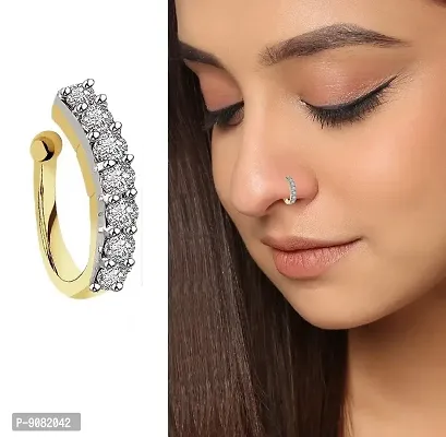 Stylish Gold Design Silver Crystal Stone Plated Clip On Pressing Type Nose Piercing Ring For Women