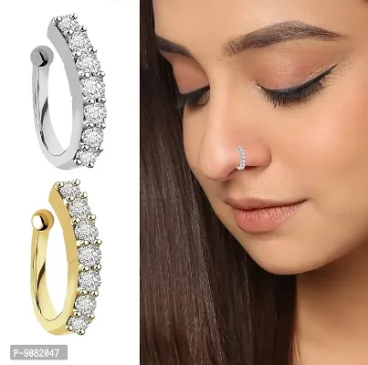 Stylish Clip On Pressing Type Without Piercing Nose Ring Pin Stud For Women And Girls -Combo 2Pcs Gold And Silver-thumb0