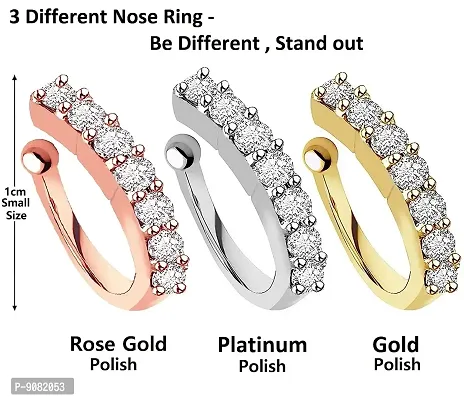 Stylish Rose Gold Plated Without Piercing Clip On Pressing Type Nose Ring Pin Stud For Women And Girls - Combo Of 3 Pieces-thumb3
