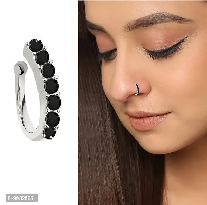 Stylish Silver Black Nose Ring Without Piercing Clip On Pressing Type Nath Nose ring Pin Stud For Girls And Women-thumb0