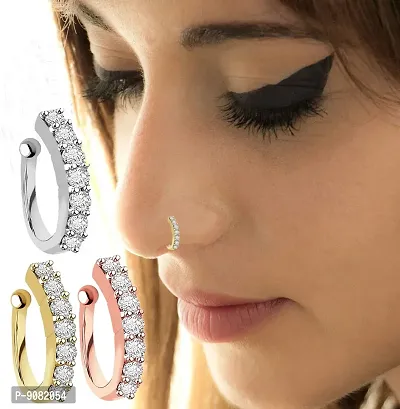 Stylish Rose Gold And Silver Plated Nose Ring Pin Without Piercing Clip On Nose pin Press Nath For Women And Girls