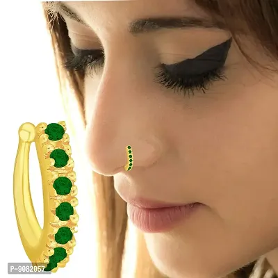 Stylish Gold Plated Clip On Nose Pin Pressing Nose Studs Green Nose Ring For Women And Girls-thumb0