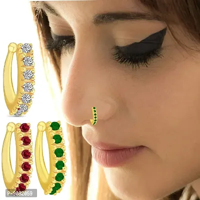 Stylish Gold Plated Combo Nose Pins Clip On Nose Rings For Non Pierced Nose For Women And Girls-thumb0