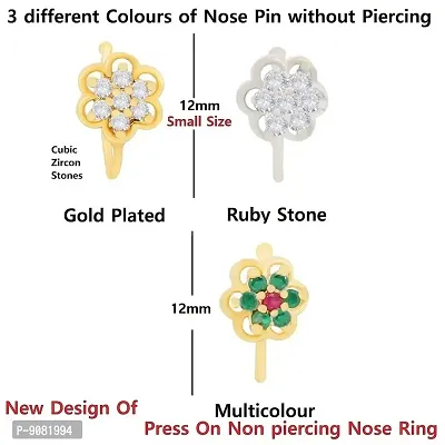 Stylish Gold Nose Ring Stud Non Piercing Pressing Clip On Nose Pin Without Piercing For Girls And Women - 3Pcs Nose Ring Combo Set-thumb3