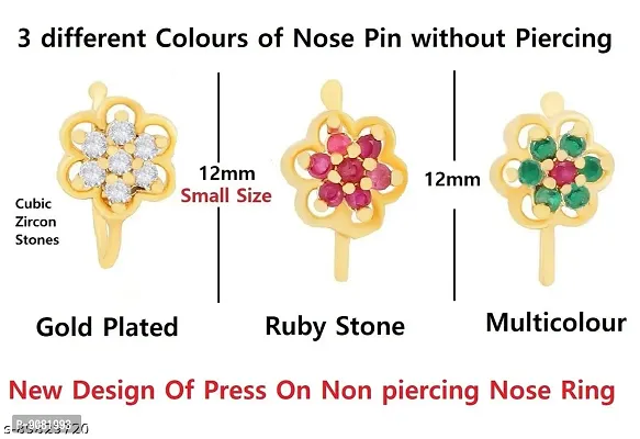 Stylish Artificial Nose Ring Non Piercing Nose Pins Clip Press On Nose Stud For Women And Girls - 3 Pcs Pressing Combo Nose Ring-thumb3