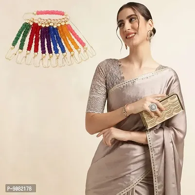 Stylish Golden Beads Safety Saree Pin Pallu Sari Drapping Dupatta Chunari Lock Pins Set For Women And Ladies
