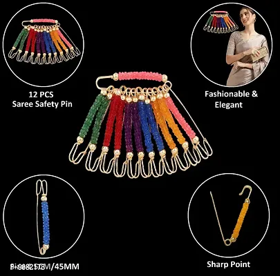 Stylish Golden Beads Safety Saree Pin Pallu Sari Drapping Dupatta Chunari Lock Pins Set For Women And Ladies-thumb2