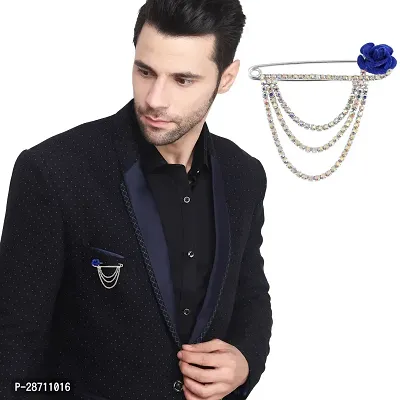 Silver Plated Crystal Rhinestone Hanging Brooch Flower Chain Blazer Suit Sherwani Brooches For Men Boys