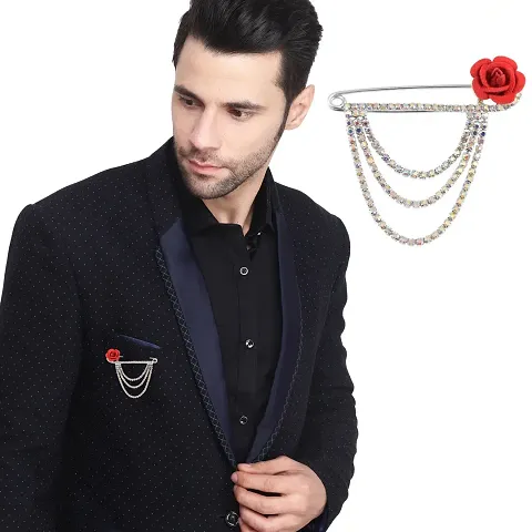 Silver Plated Crystal Rhinestone Hanging Flower Chain Brooch Blazer Suit Sherwani Brooches For Men Boys