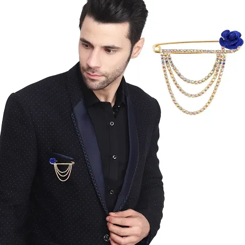 Gold Plated Crystal Rhinestone Hanging Flower Chain Brooch Suit Blazer Brooches For Men Boys