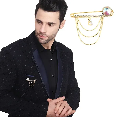 Gold Plated Crystal Rhinestone Hanging Beads Chain Brooch Blazer Sherwani Coat Brooches For Men Boys