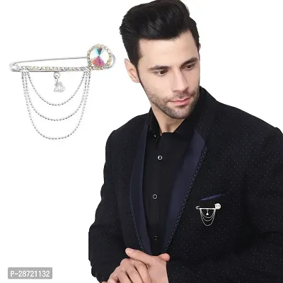 Silver Plated Rhinestone Hanging Beads Chain Brooch Suit Blazer Sherwani Coat Kurta Brooches For Men Boys-thumb0