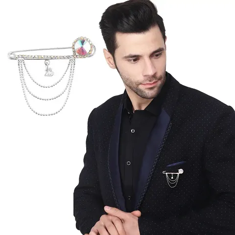 Silver Plated Rhinestone Hanging Beads Chain Brooch Suit Blazer Sherwani Coat Kurta Brooches For Men Boys