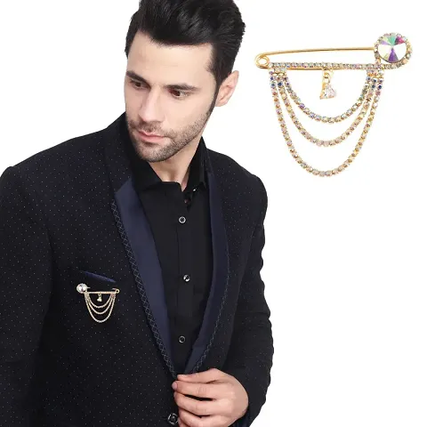 Gold Plated Rhinestone Hanging Flower Chain Brooch Suit Blazer Sherwani Coat Kurta Brooches For Men Boys