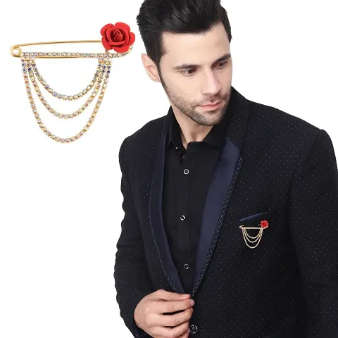 Plated Crystal Rhinestone Hanging Brooch Flower Chain Blazer Suit Sherwani Brooches For Men Boys