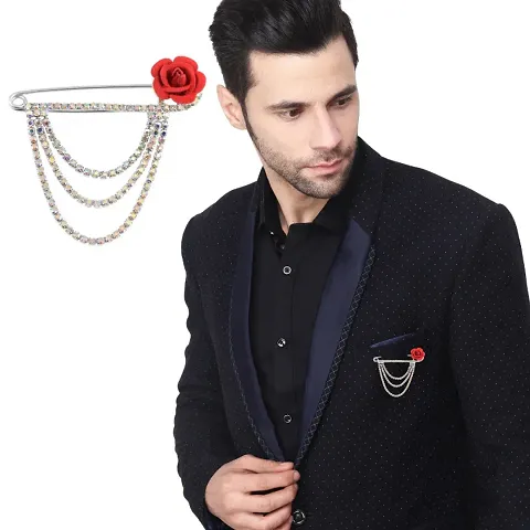 Silver Plated Crystal Rhinestone Hanging Chain Brooch Blazer Sherwani Coat Brooches For Men Boys