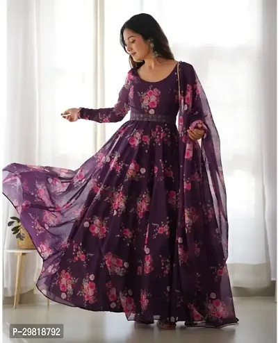 Printed Georgette Stitched Anarkali Gown  (Purple)-thumb0