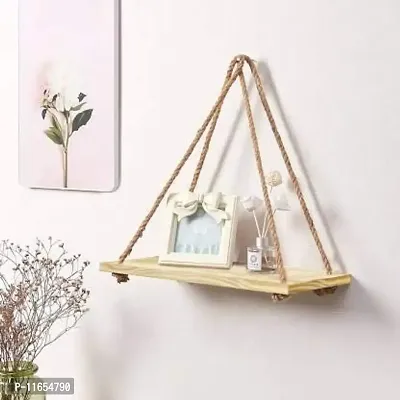 VAH- Kya Bat Hai !! Distressed Finish Rustic Rope Wall Hanging Wood Floating Plant Shelf , Brown-thumb0