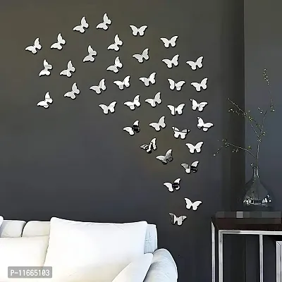 VAH- Kya Bat Hai !! Butterfly Silver - 3D Acrylic Mirror Decorative Mirror Wall Sticker (Pack of 40, Framed)-thumb3