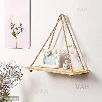 VAH- Kya Bat Hai !! Distressed Finish Rustic Rope Wall Hanging Wood Floating Plant Shelf , Brown-thumb4