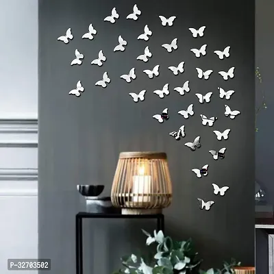 VAH Butterfly Silver - 3D Acrylic Mirror Decorative Mirror Wall Sticker (Pack Of 40)-thumb0