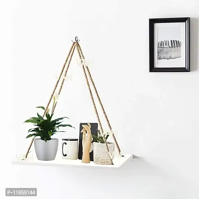 VAH- Kya Bat Hai !! Wooden Polished Finish Hanging Shelf with Swing Rope for Home Decor (White)-thumb2