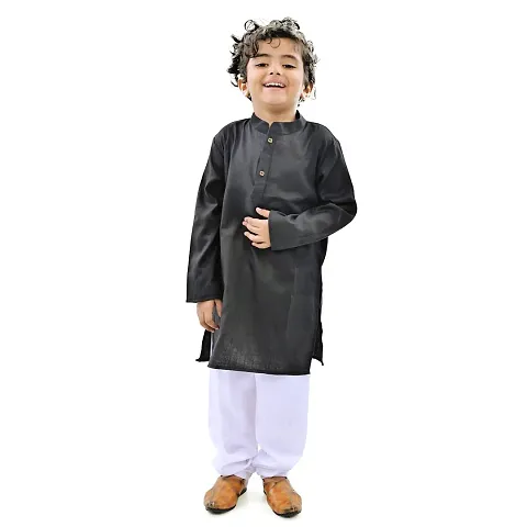 VAH- Kya Bat Hai !! Ethnic Wear Black Cotton Full Sleeves Plain Kurta Set For Kids