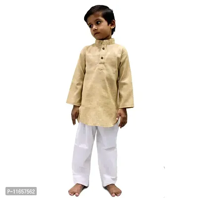 VAH- Kya Bat Hai !! Ethnic Wear Cream Cotton Blend Full Sleeves Plain Kurta Set For Kids-thumb0
